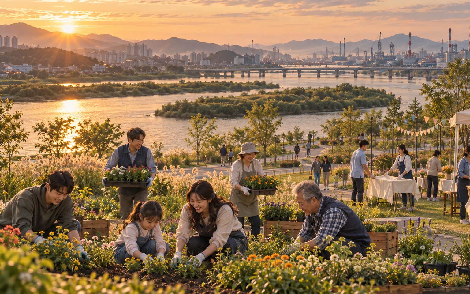 태화강변에서 이웃들이 함께 모여 정원을 가꾸는 모습(연출 이미지)